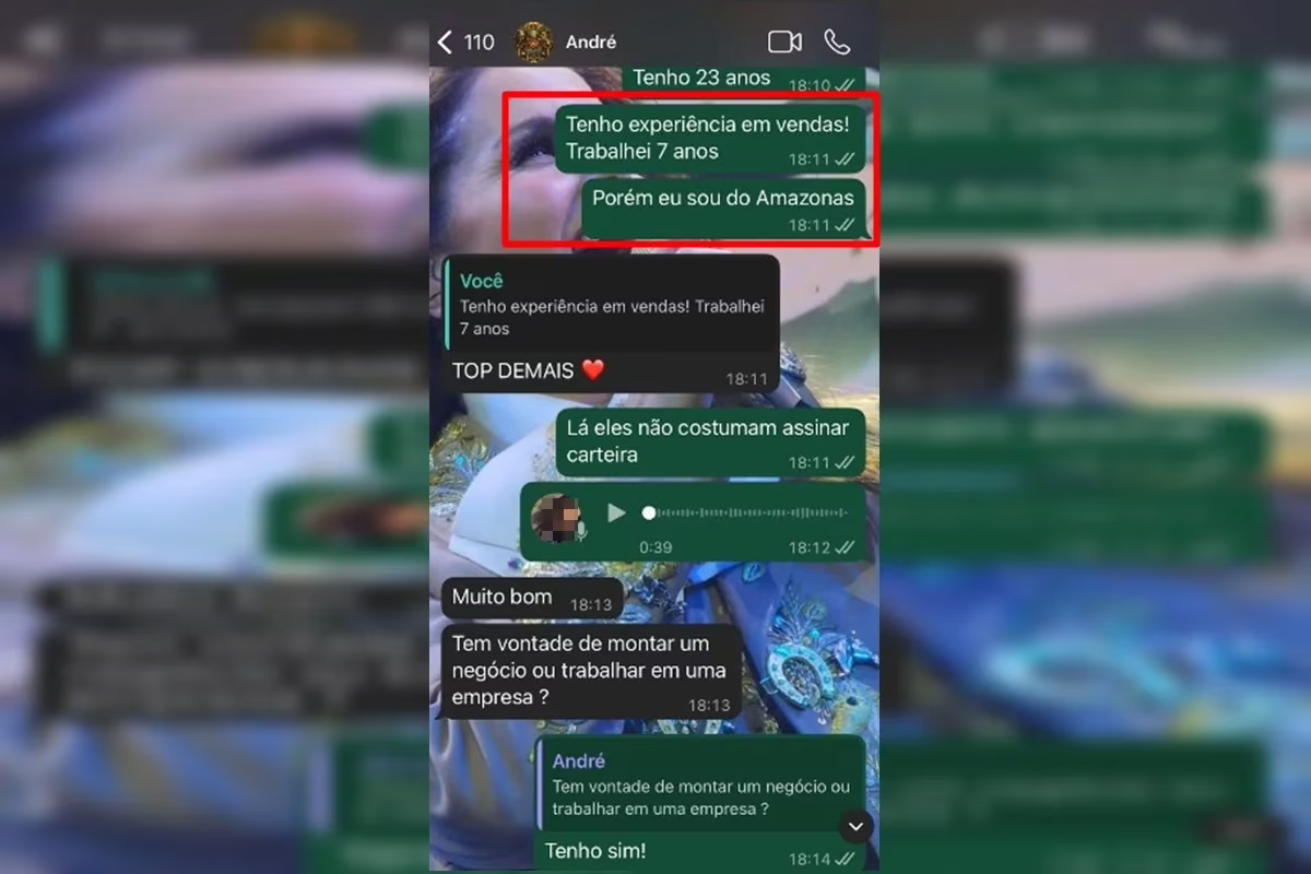 Mensagens trocadas entre vítima e o suspeito