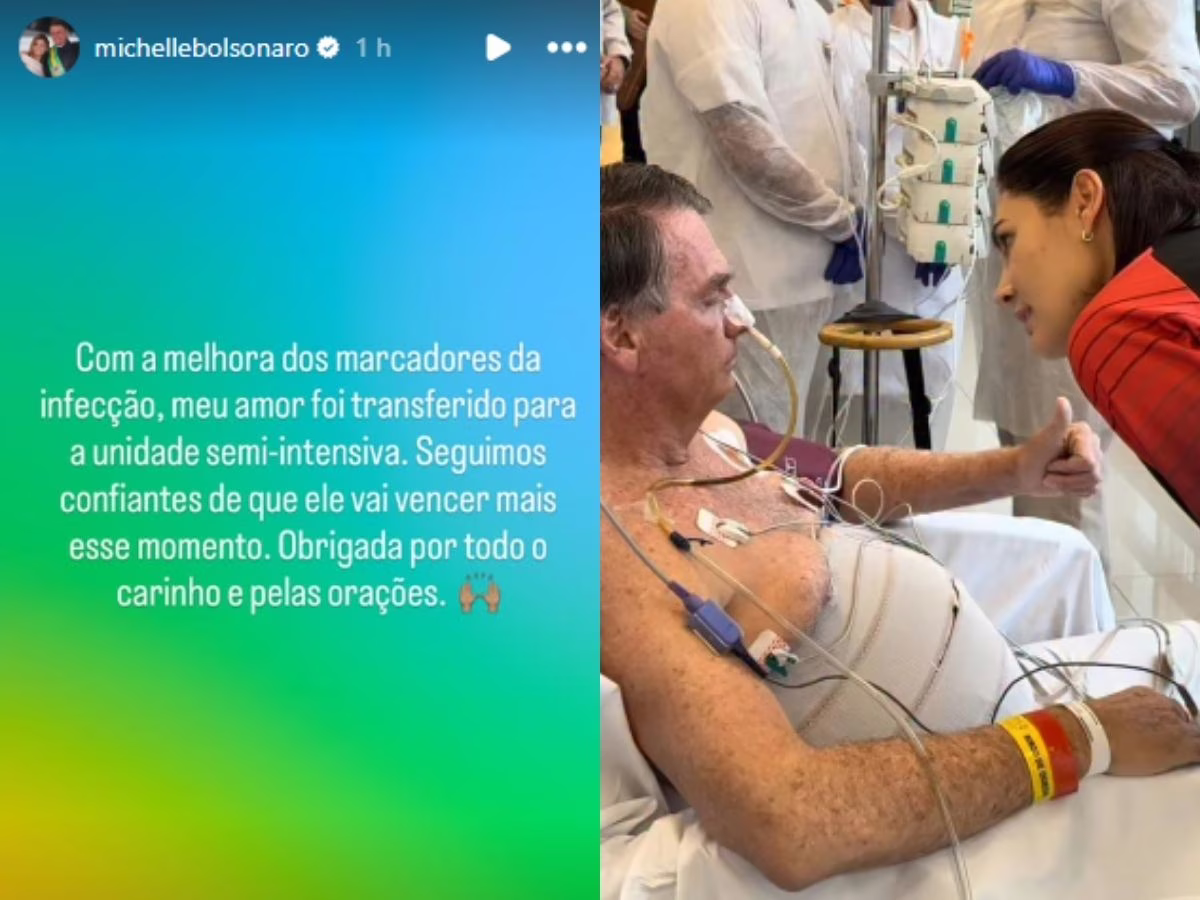 Michelle Bolsonaro comunica que o esposo foi liberado para a unidade de terapia semi-intensiva