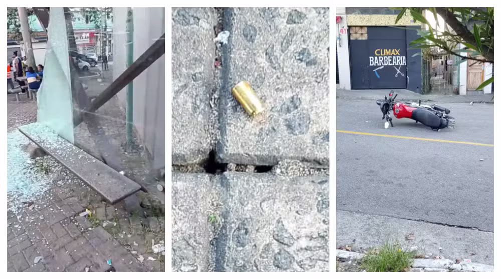 Ponto de ônibus ficou com vidro estilhaçado após motociclista atirar na direção de pessoas no Sacomã, Zona Sul. PM interveio e baleou homem