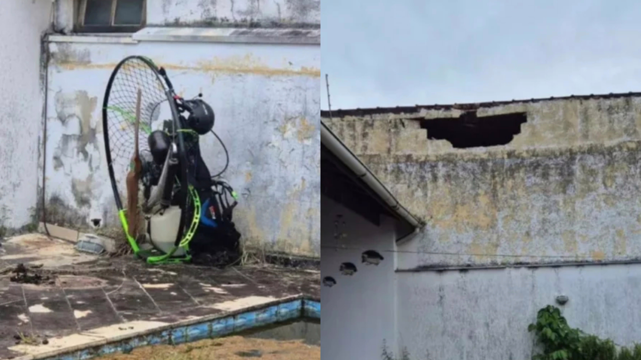 Piloto de paramotor caiu em casa após perder o controle do veículo em Itanhaém. Ele foi hospitalizado com fratura exposta na coxa