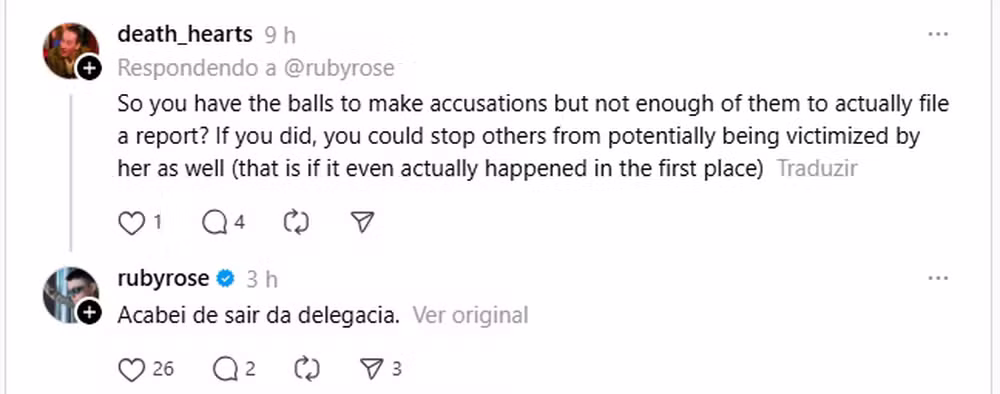 Em resposta a seguidor, atriz afirma ter 'acabado de sair da delegacia'. Post foi feito nesta segunda-feira (13).