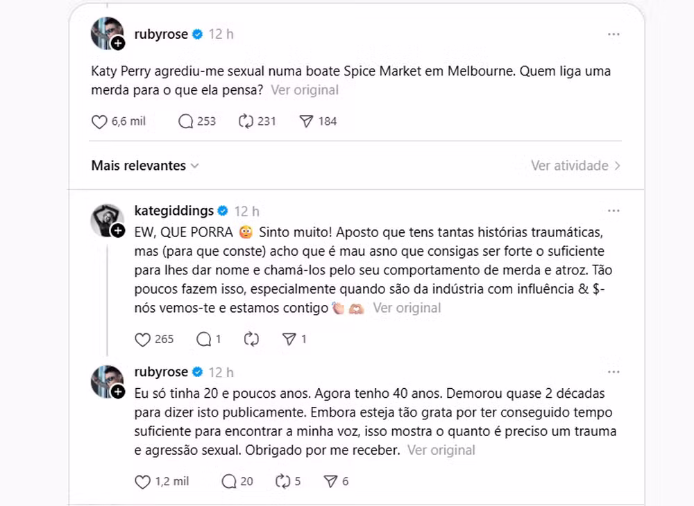 Ruby Rose afirma ter sido abusada sexualmente por cantora Katy Perry há 20 anos. Atriz teria feito denúncia formal na delegacia.