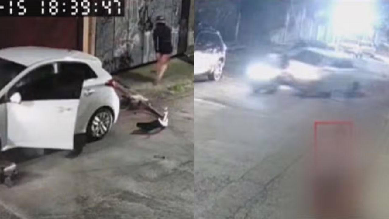 Vídeo mostra o momento que homem joga o carro contra a moto da ex-namorada, que consegue fugir do local.