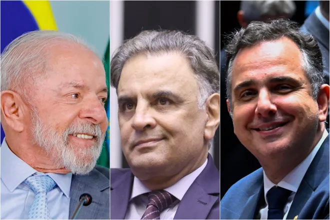 O presidente Lula (esq.), o deputado Aécio Neves (cen.) e o senador 