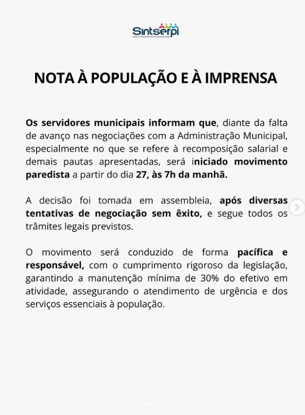 Nota divulgada pelo sindicato.