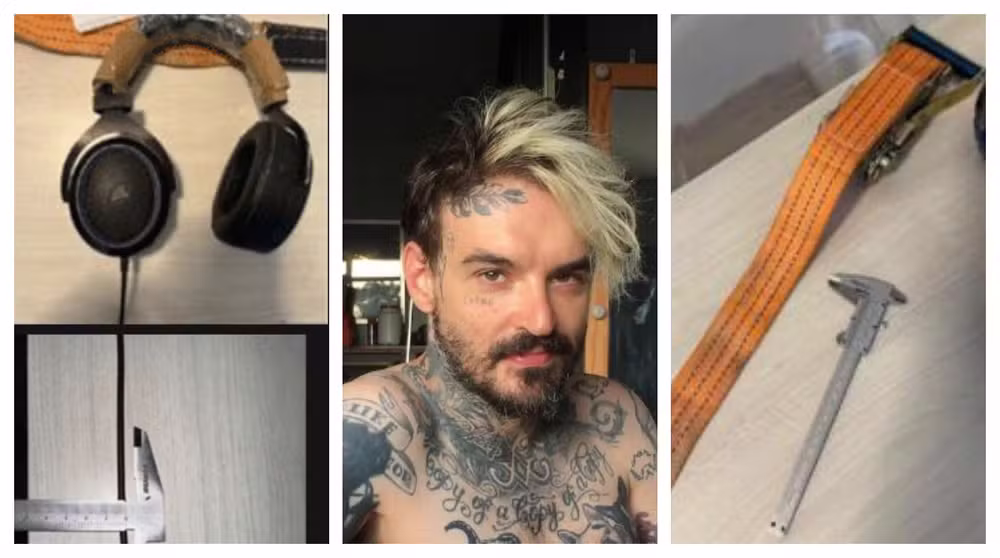 Parecer técnico de perito particular aponta que PC foi estrangulado com fio de fone de ouvido (à esquerda). Perícia oficial concluiu que influencer se enforcou e se suicidou com cinta de catraca (à direita). Polícia ainda investiga como artista morreu.