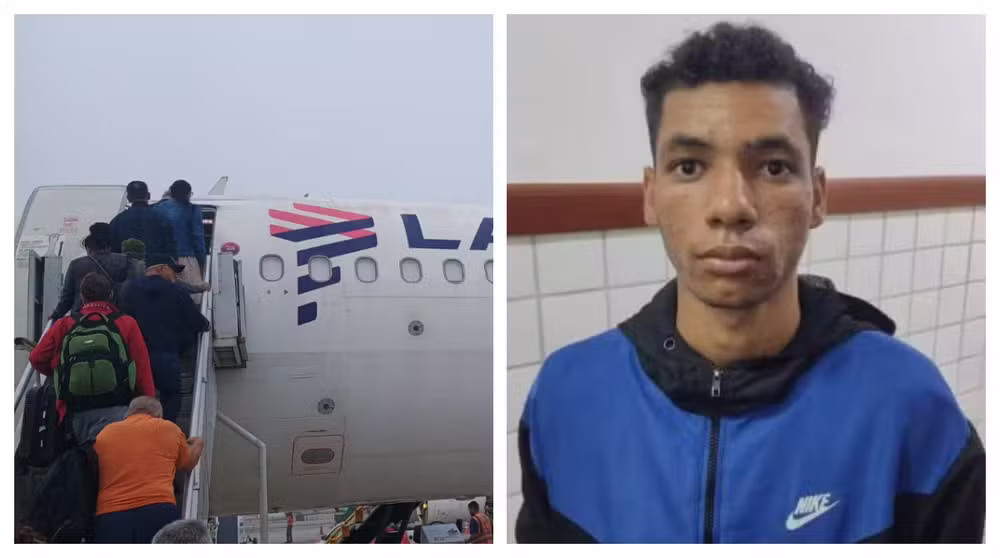 Policiais e Alessandro Martins dos Santos (à esquerda) embarcam em avião na BA com destino em SP. Homem é suspeito de participar de estupro coletivo de crianças na capital paulista