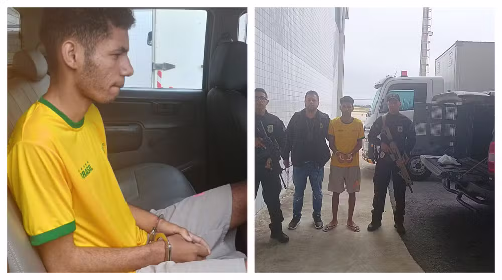 Alessandro, preso por suspeita de participar de estupro coletivo, é levado para aeroporto na BA por policiais de SP. Ele seguirá algemado em voo para a capital paulista.