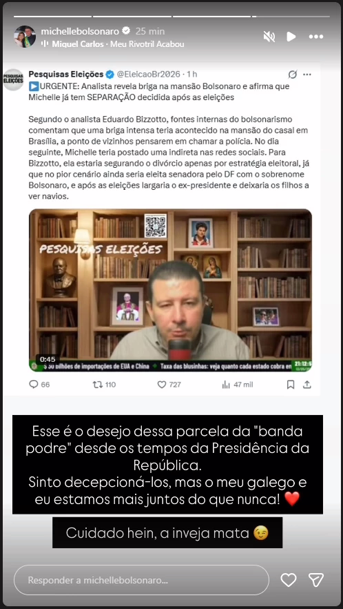 Michelle Bolsonaro sobre suposto divórcio