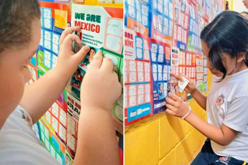 Mural com álbum de figurinhas coletivo é instalado em uma escola em São Vicente, SP