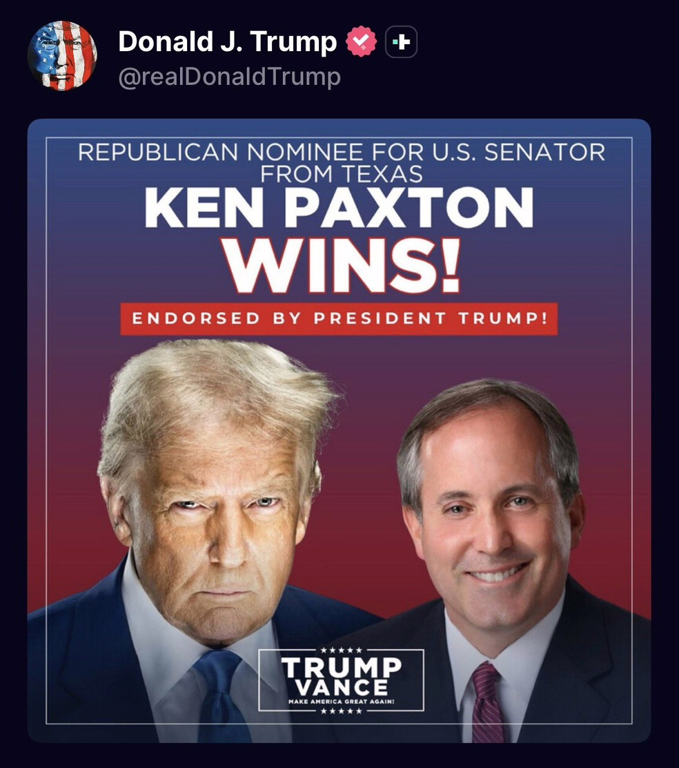 Trump usou as redes sociais para apoiar a campanha de Ken Paxton