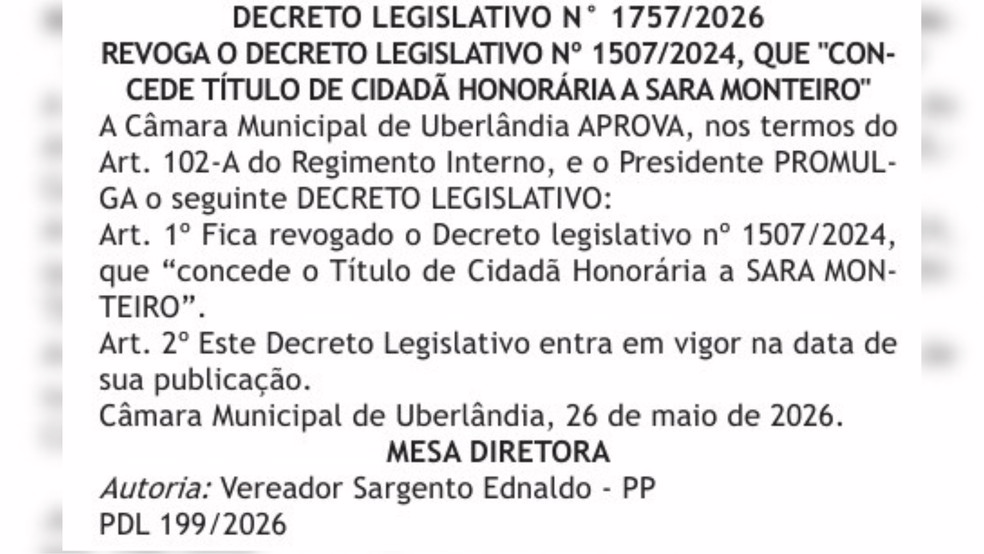 Decreto que anulou o título de cidadã honorária de Uberlândia concedido a Sara Monteiro