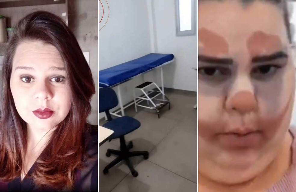 Montagem reúne imagens de Brenda Larissa Maia, que morreu após denunciar a falta de médicos em uma UPA, incluindo um consultório vazio e o rosto dela em vídeo com filtro de palhaço