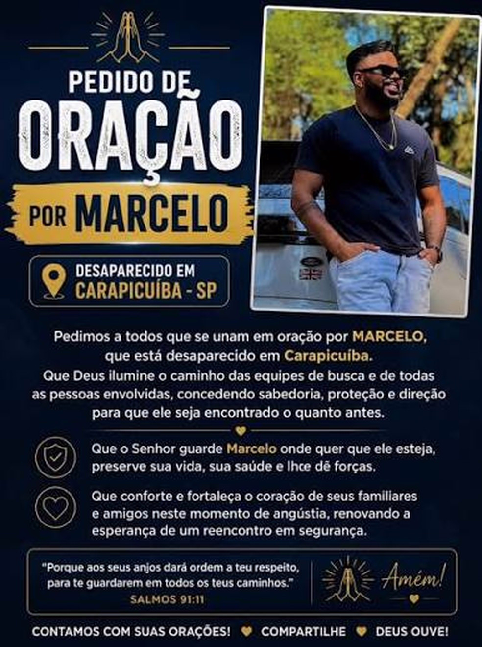 Família de Marcelo pede orações após o desaparecimento dele em Carapicuíba, na Grande SP