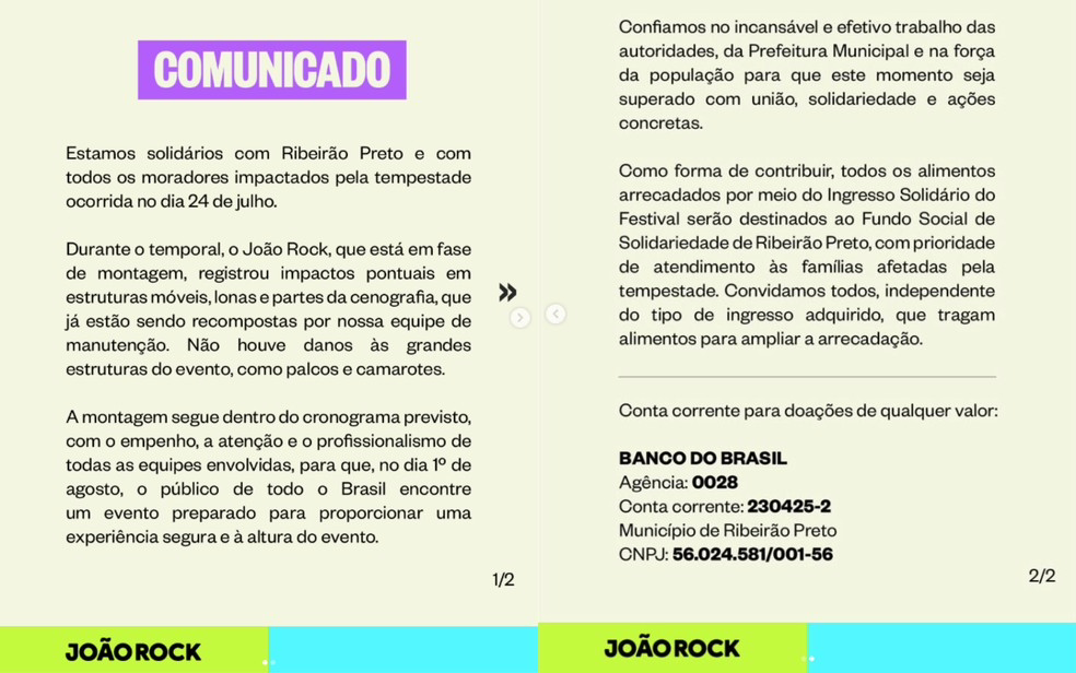 Comunicado do João Rock esclarece a arrecadação de ingressos solidários destinados às vítimas do temporal em Ribeirão Preto, SP