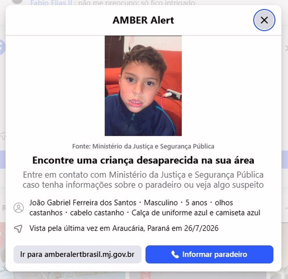 Desaparecimento de João Gabriel foi registrado no sistema nacional Amber Alert