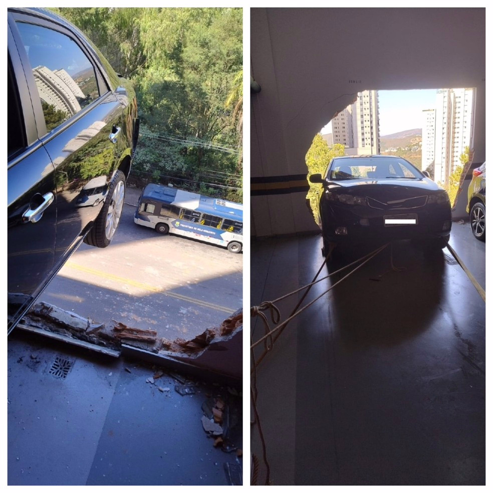 Carro fica suspenso na estrutura de estacionamento de um prédio em Nova Lima