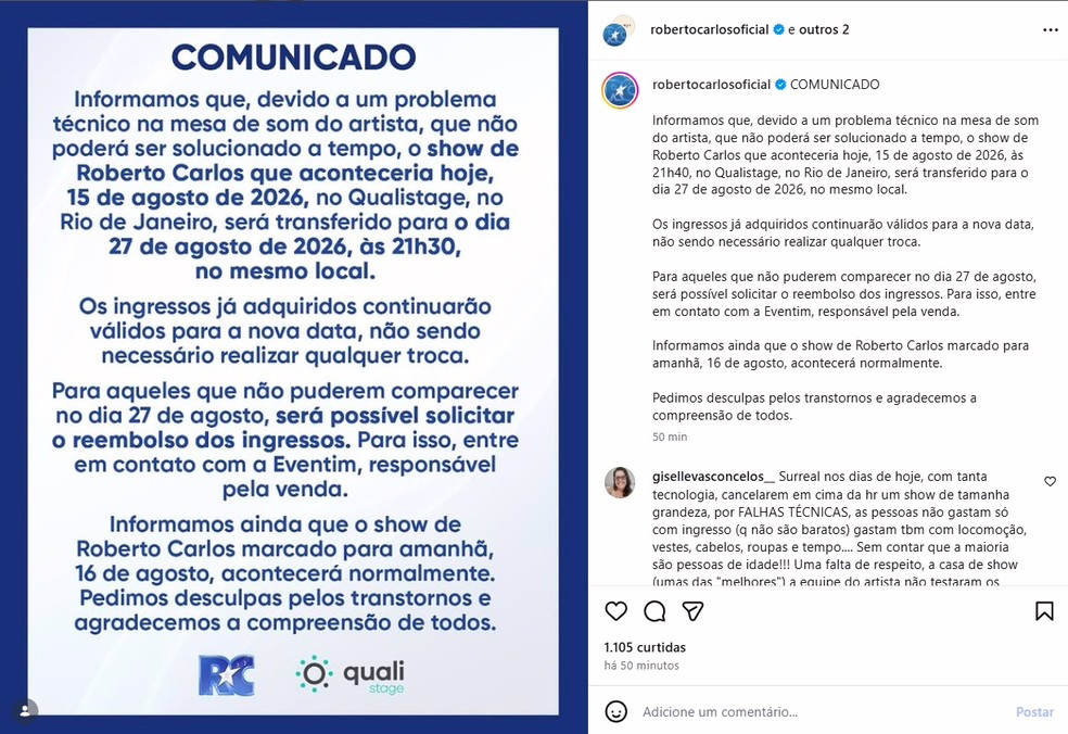 Apresentação de Roberto Carlos é cancelada devido a falha técnica