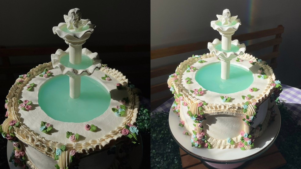 Bolo de fonte com anjo produzido por confeiteira de Uberlândia