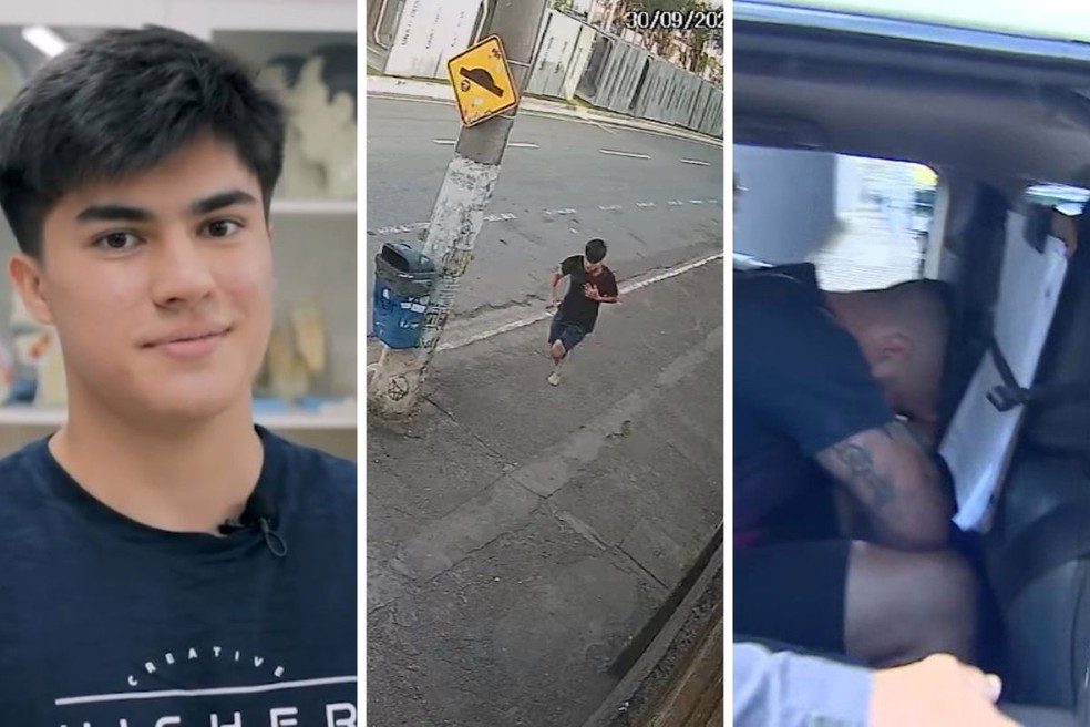 Bruno Hashimura, de 23 anos, é visto em imagens após ser baleado; ao lado, está o bombeiro Marcos Fujarra