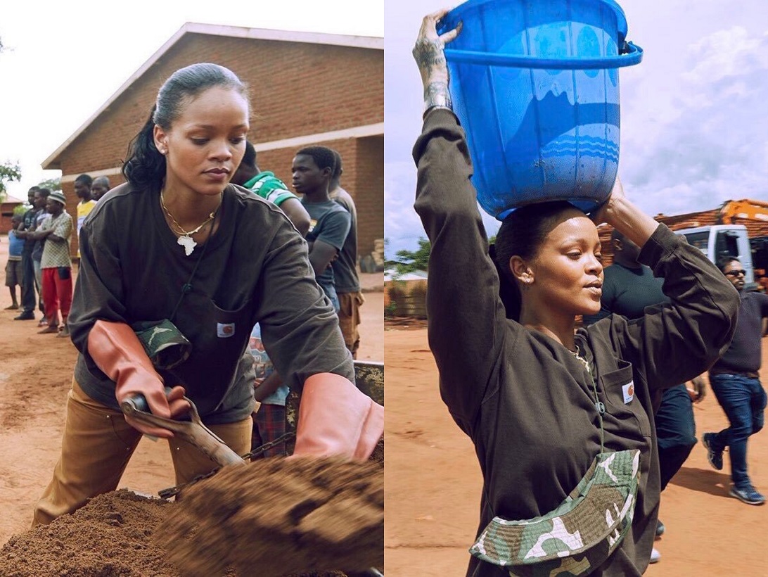 Rihanna ajudando na construção de um hospital no Malaui, país da África Oriental. (Foto: reprodução)
