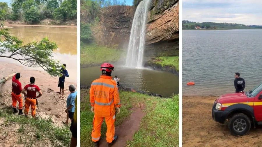 Nas fotos é possível ver locais dos afogamentos ocorridos em Presidente Olegário, Araguari e Cristais (da esquerda para direita) — Foto: BOMBEIROS/DIVULGAÇÃO
