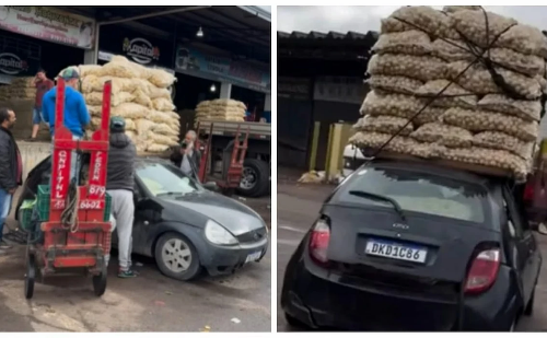 Excesso de peso em Ford Ka com 58 sacos de batatas impede saída da Ceasa de Curitiba