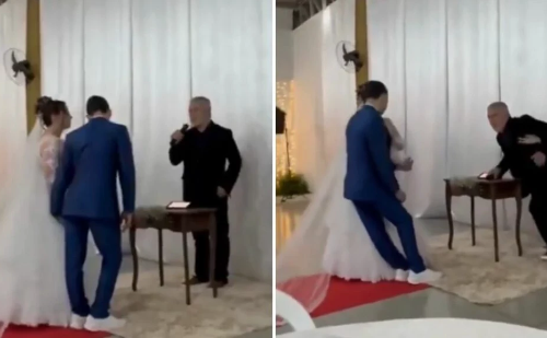 Noivo desmaia durante casamento e é amparado por convidados