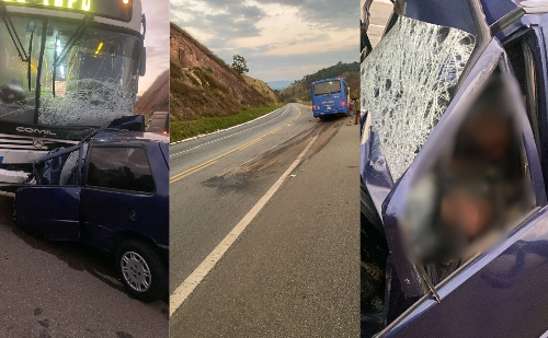 Motorista  fica preso às ferragens após colisão entre carro e ônibus na BR-458, próximo a Ipaba