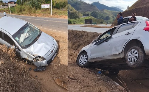 Carro de Fabriciano cai em vala na BR-381 em Nova Era; veja vídeo