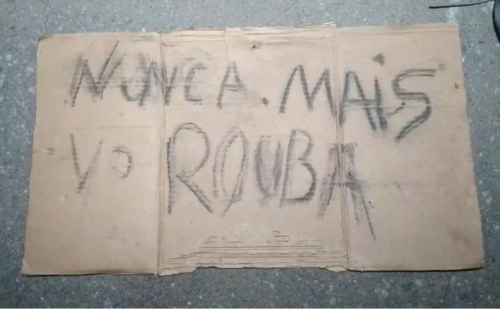 Amarrado e com cartaz 'Nunca mais vou roubar', suspeito é achado em Governador Valadares