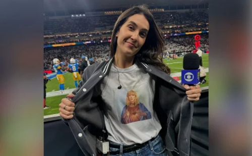 Repórter da Globo é criticada por estampa com imagem de Taylor Swift em figura religiosa