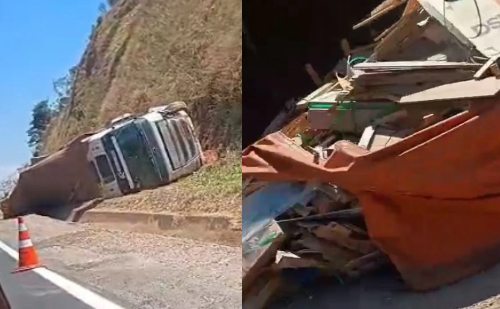 Vídeo: carreta tomba na BR-381 próximo a Ipatinga
