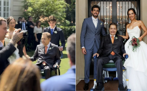 Faustão leva filha Lara ao altar de cadeira de rodas em casamento com Julinho Casares