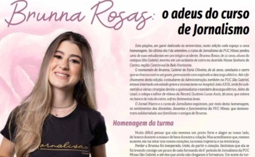 Jornal universitário da PUC Minas homenageia estudante que morreu em acidente em BH
