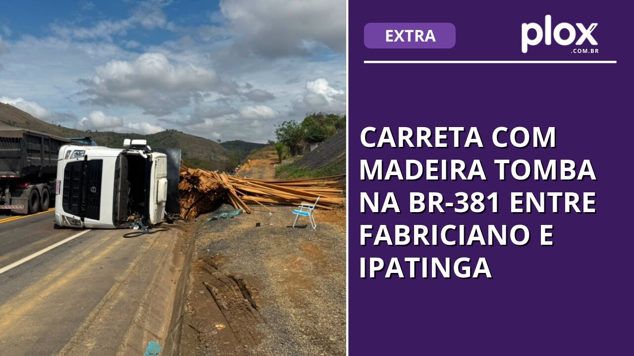 Carreta com madeira tomba na BR-381 entre Fabriciano e Ipatinga