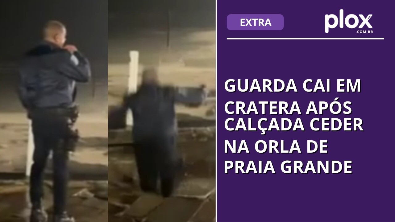Guarda cai em cratera após calçada ceder na orla de Praia Grande